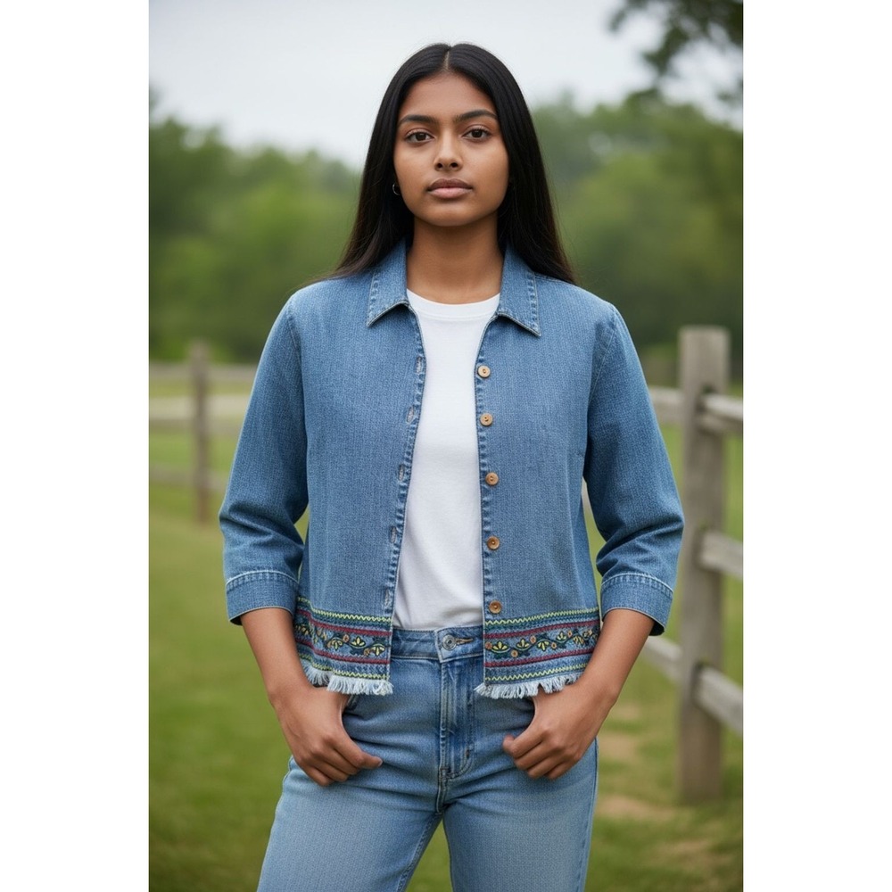 Mountain Lake Women's 2XL Petite Blue Denim Jacket Embroidered 3/4 Sleeve boho